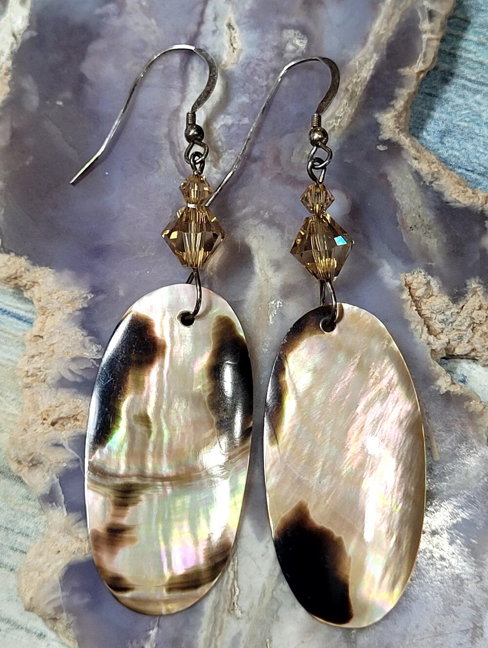 Abalone Shell Drop Earrings with Amber Crystal Accent